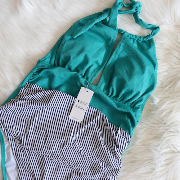 Cupshe Teal and Black Striped One Piece Swimsuit - Picture 4 of 9